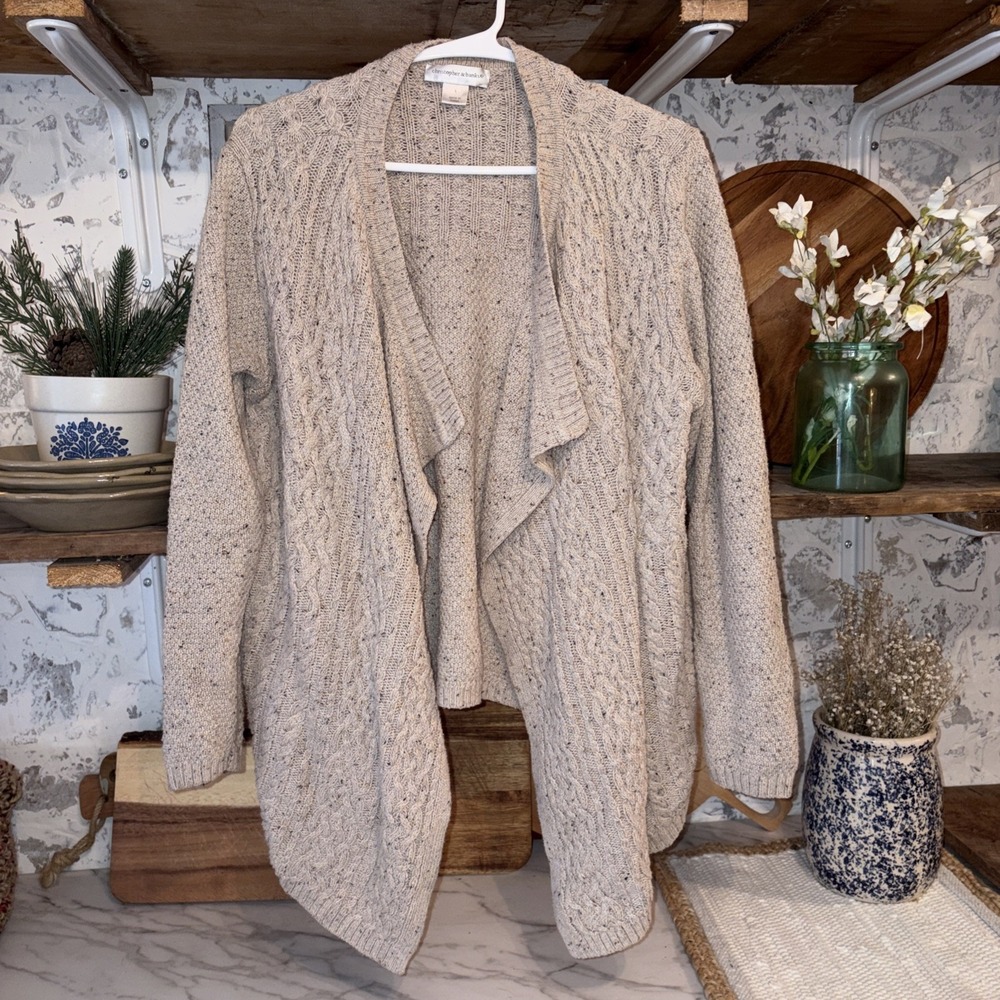 Women's L Cotton Blend Cottagecore Cableknit Cozy Open Front Cardigan